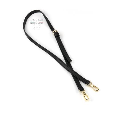 tracolla nera in pelle per borsa moschettone oro